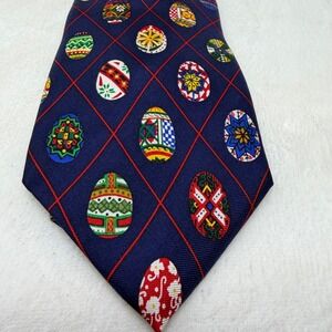 Smithsonian Institution Mens Silk Tie Navy Blue Easter Egg Pattern USA